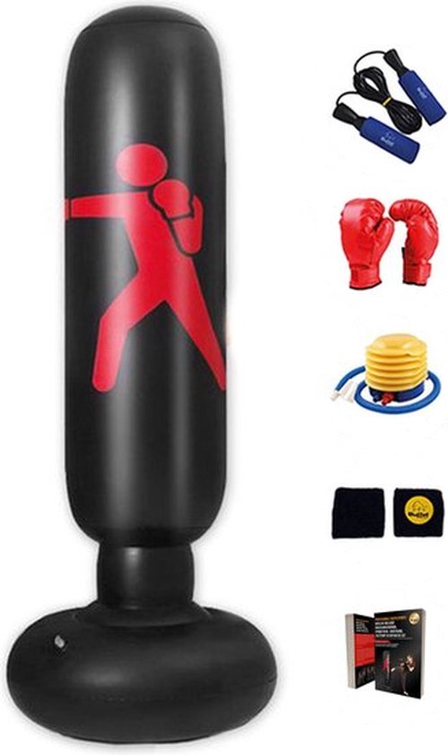 BuffelSports - Opblaasbare Boks set - Inclusief Bokshandschoenen & Pomp & Springtouw - Cadeau - Staande Boksbal met Voet - Stevige Vulbare Voet - Complete Set - Stevige Bokspaal - Boksbal - 160 cm - Volwassenen & Kinderen - Zwart - Met Informatieboek