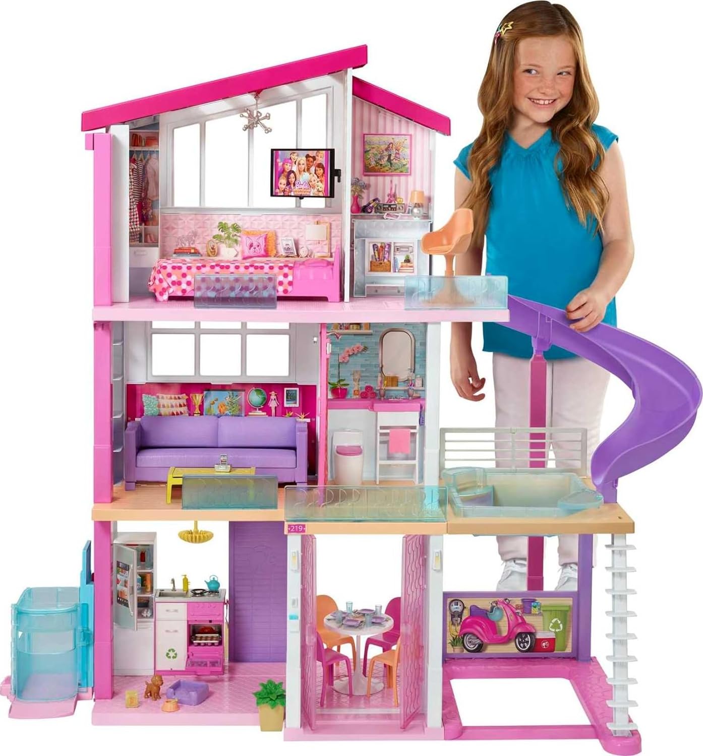 Barbie Droomhuis - Poppenhuis met 8 Kamers - Lift, Zwembad en Glijbaan - 70 Accessoires - 1 m hoog en 1,20 m breed - Cadeau voor Kinderen vanaf 3 Jaar