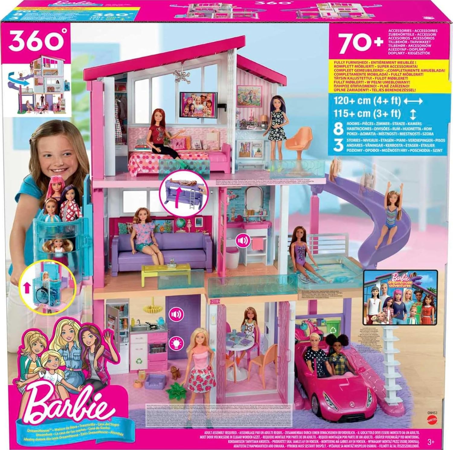 Barbie Droomhuis - Poppenhuis met 8 Kamers - Lift, Zwembad en Glijbaan - 70 Accessoires - 1 m hoog en 1,20 m breed - Cadeau voor Kinderen vanaf 3 Jaar